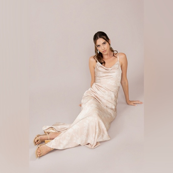 Revelry Nadia Satin Floral Print Maxi Dress in Gold Champagne Bouquet 6